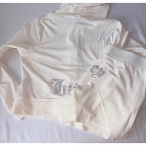 Juicy Couture Tracksuit Set Large Oyster New Velour Rhinestone Hoodie Shorts